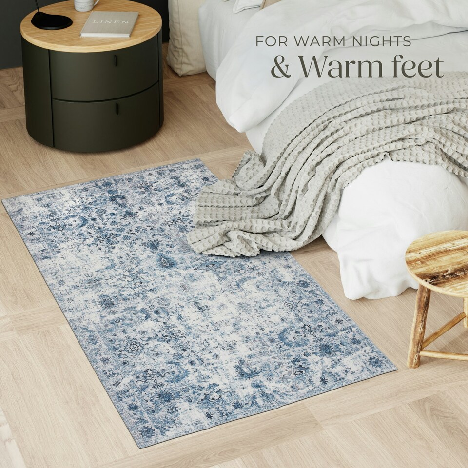 image 1 of Vintage Rug Amara - faded design, machine washable, short pile & non-slip underside Blue | 150 x 80 cm
