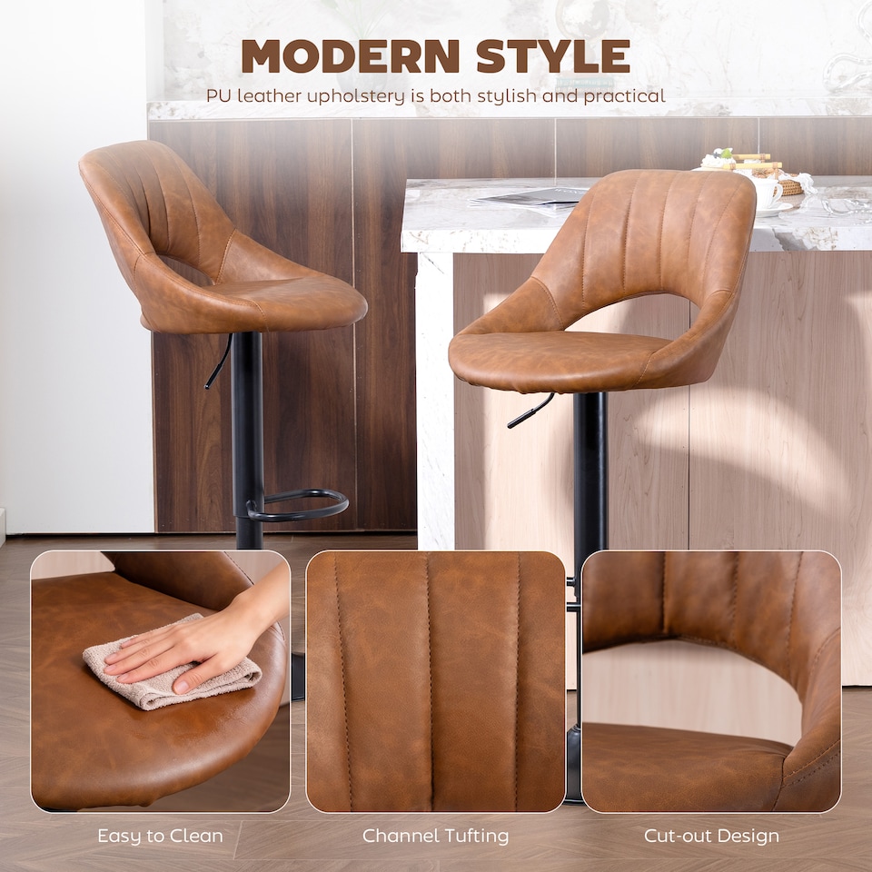 image 1 of HOMCOM Bar Stools Set of 2, Height Adjustable Swivel Barstools with Backrest and Footrest, PU Leather Upholstered Dining Stools for Kitchen, Counter, Breakfast Bar, Brown | Brown | Brown