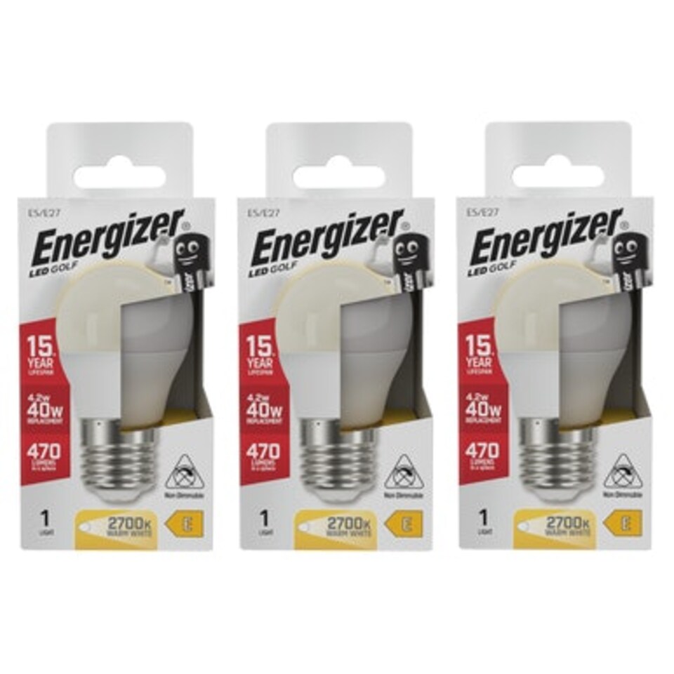 image 1 of Energizer LED Golf Ball E27 470lm 4.2W 2700K (Warm White) Light Bulb - Pack of 3