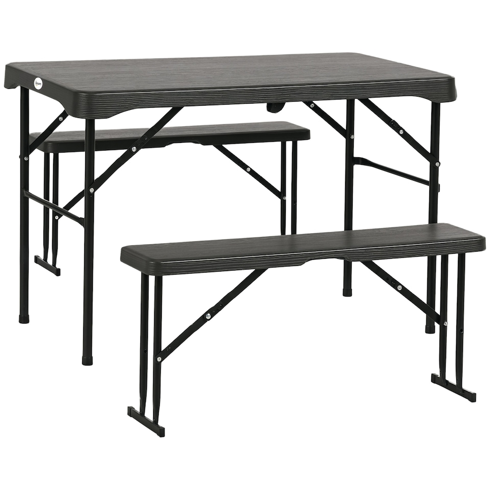 image 1 of Outsunny Folding Picnic Table with 2 Benches, 3Piece Portable Garden Furniture Set for 4, Dining Table Set with Plastic Top, Steel Frame, Dark Grey | Grey | 1
