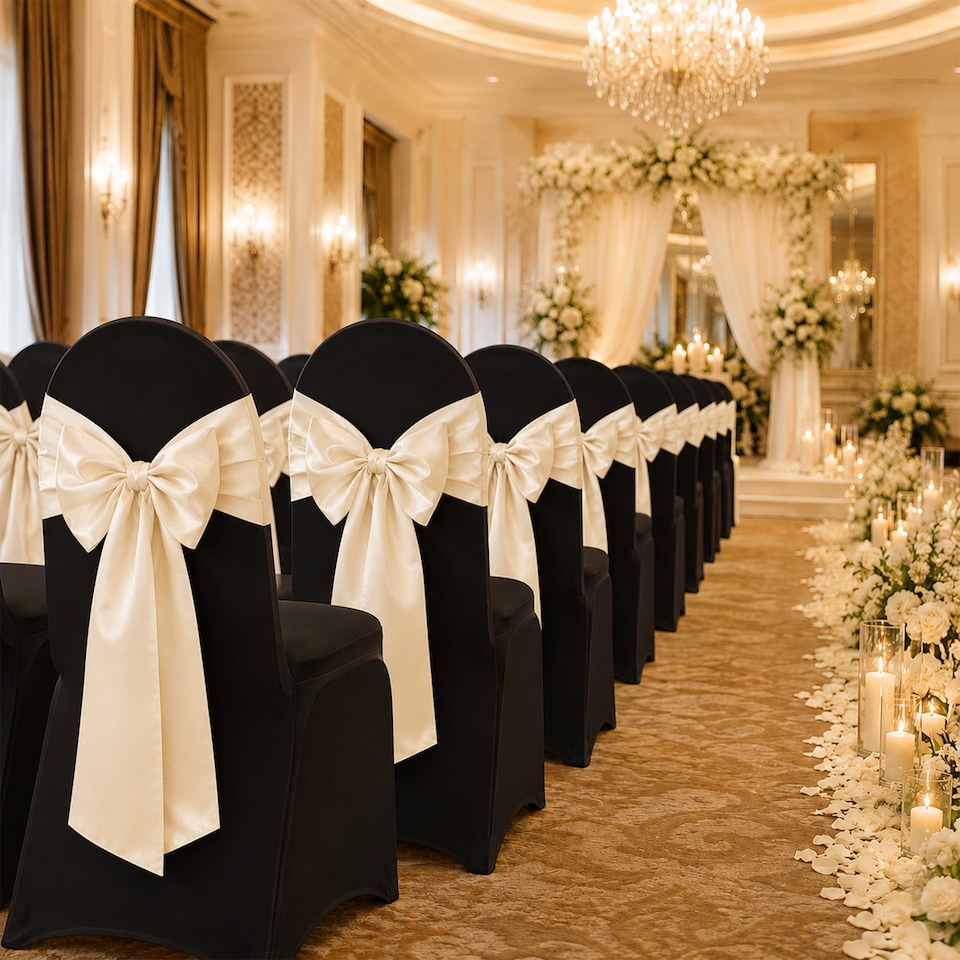 image 1 of 7"x108" Satin Chair Sash, Chair Sashes Hammed Edges Bow Tie - 1pc