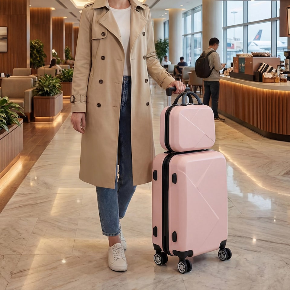 image 1 of Living and Home 2-Piece Geometric ABS Suitcase Set - Pink 20" & 14"