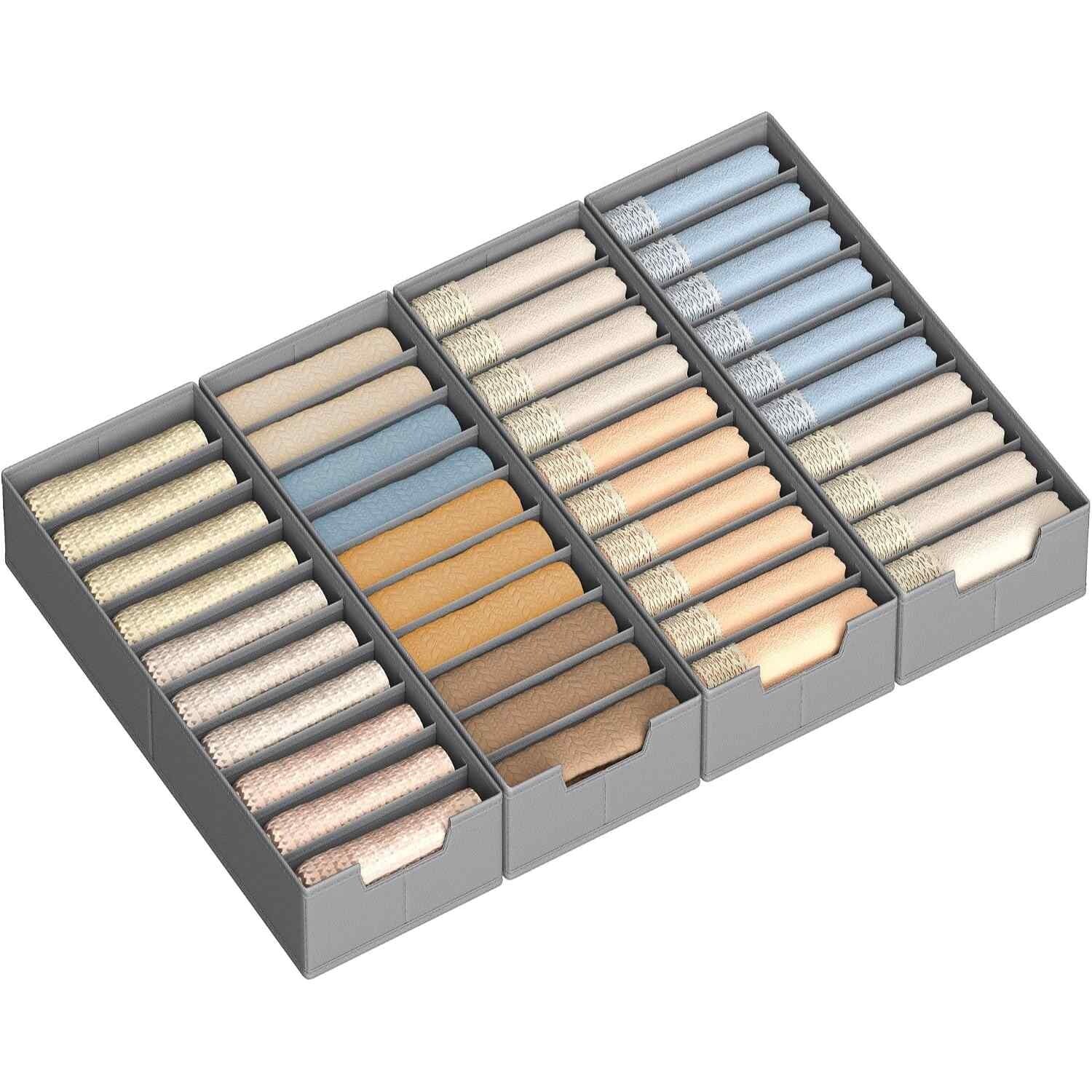 Set of 4 Foldable Clothes Drawer Organisers with Dividers, Underwear and Accessory Storage Boxes, Dove Grey