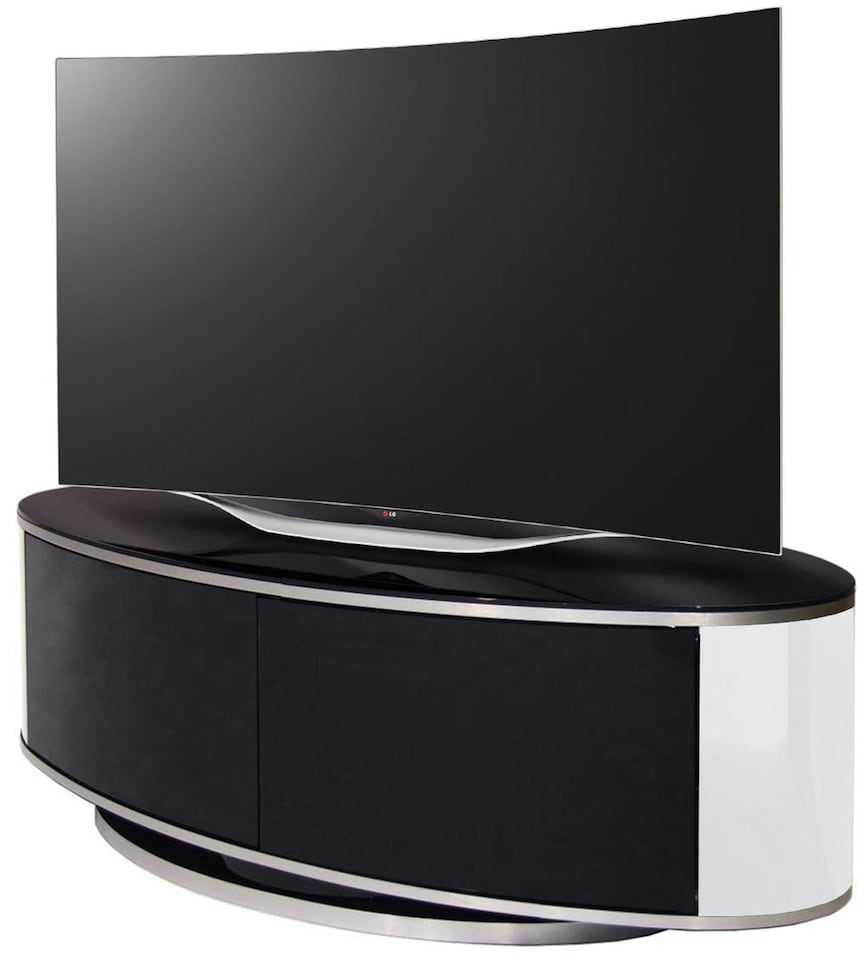 image 1 of MDA Designs LUNA Gloss Black Oval Cabinet with White Profiles and Black BeamThru Glass Doors Suitable for Flat Screen TVs up to 50" | Multi | 1