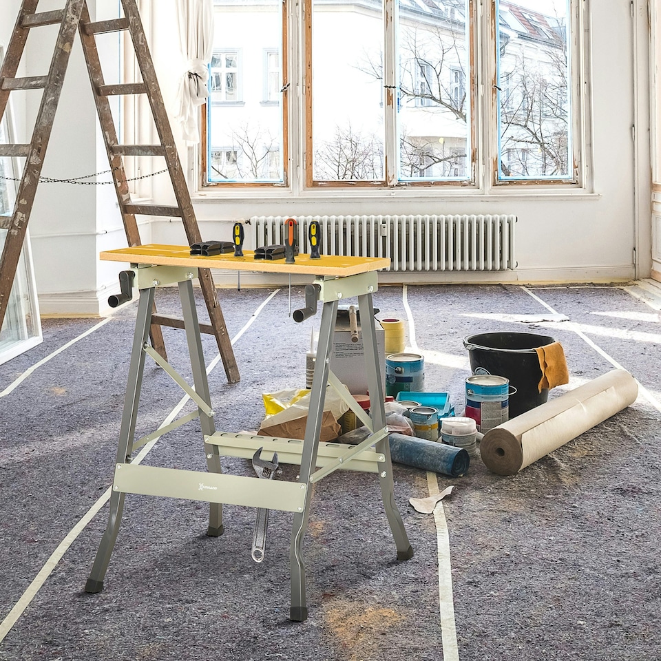 image 1 of DURHAND 4-in-1 Work Bench, Folding Clamp Table w 4 Adjustable Clamping Pegs for DIY Home Garage, Black