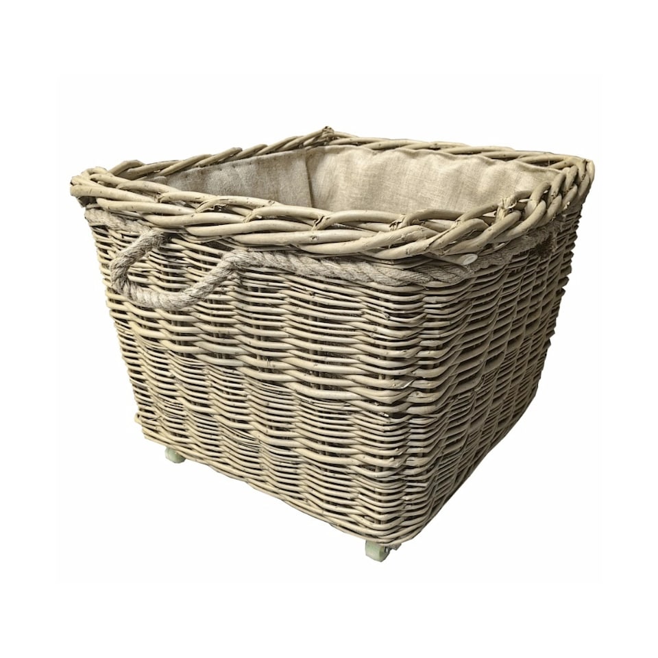 image 1 of Square Hessian Lined Wheeled Log Basket | Brown | Brown | L
