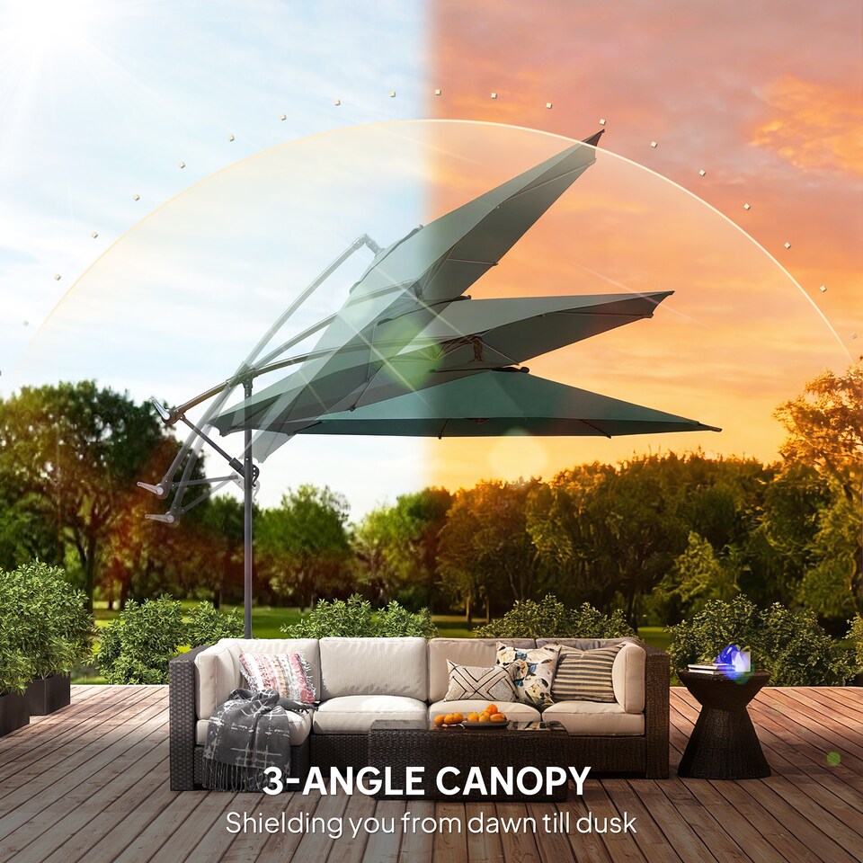 image 1 of Outsunny 3(m) Garden Banana Parasol Cantilever Umbrella w/ Base, Dark Green | Green | Dark Green | Φ295 x 250H cm