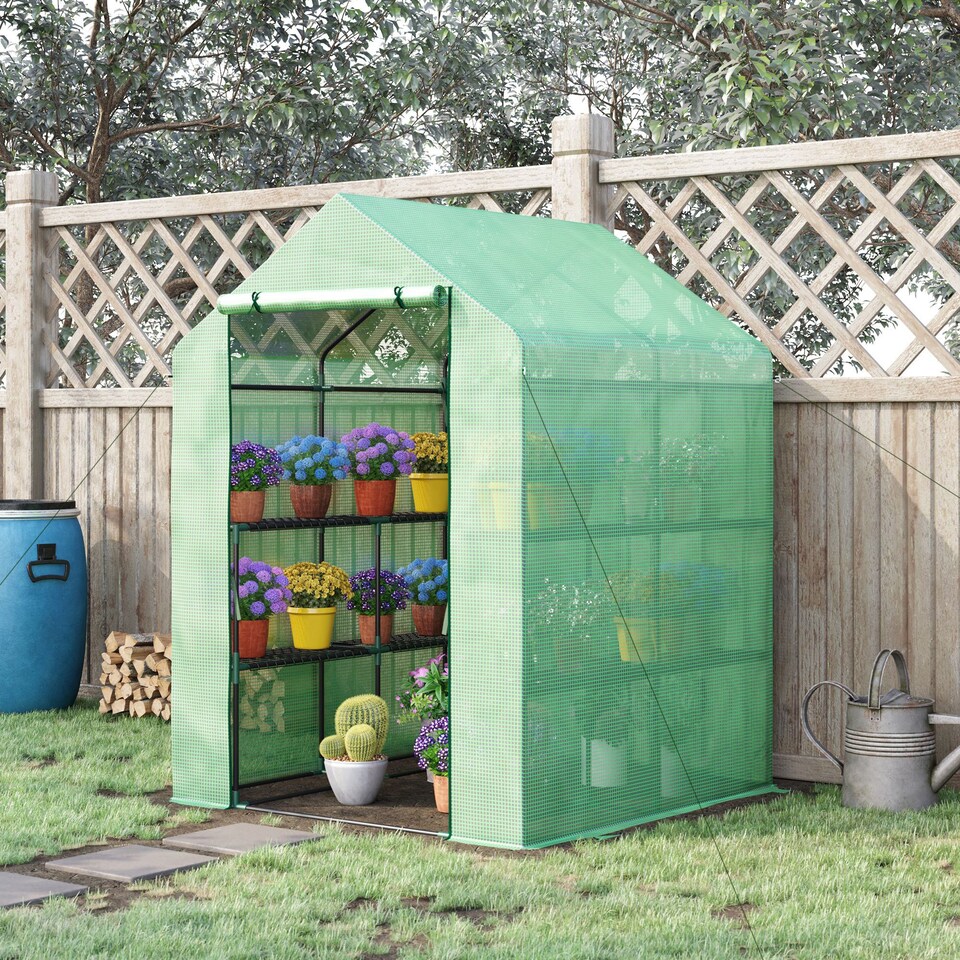image 1 of Outsunny Walk in Garden Greenhouse Outdoor Grow House w Shelves, 143x138x190cm