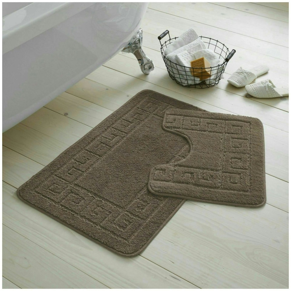 image 1 of VELVETIO Greek Bath Mat & Pedestal Mat Water Absorbent Non Slip Toilet Rugs Brown | Latte