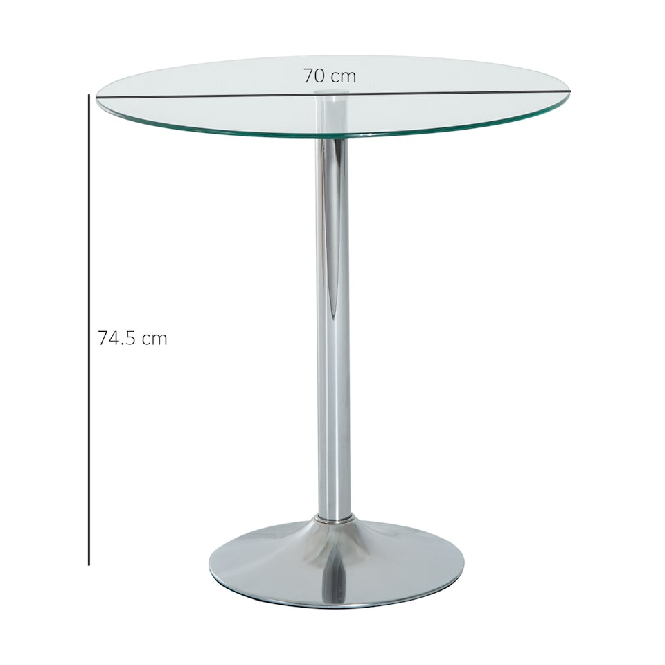 image 1 of HOMCOM Round Bar Table, Modern Dining Table with Tempered Glass Top and Steel Frame for 2, Easy Assembly for Breakfast Bar, Dining Room, 70 x 70 x 74.5cm, Clear