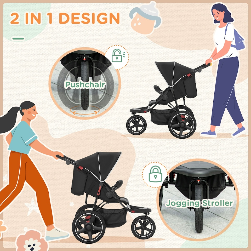 image 1 of HOMCOM Foldable Three-Wheeler Baby Stroller w/ Sun Canopy, Storage