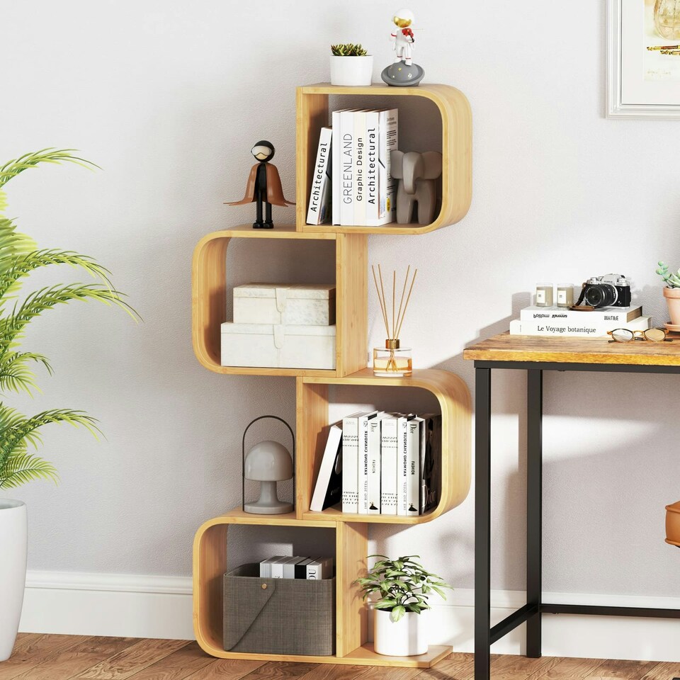 image 1 of COSTWAY 4-TierS-Shaped Bookcase, Bamboo Bookshelf Brown