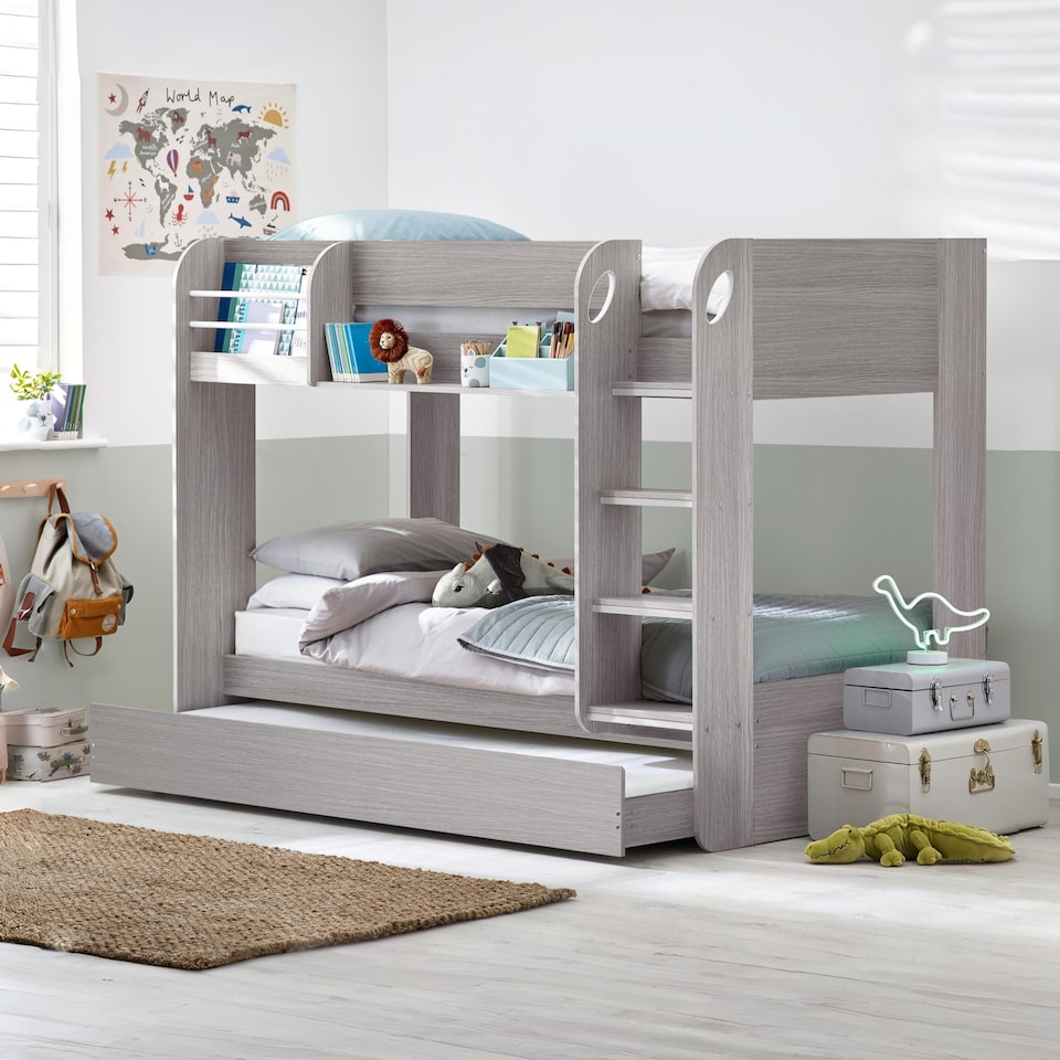 image 1 of Mars 90cm Single Grey Oak Effect Bunk Bed with Underbed Trundle
