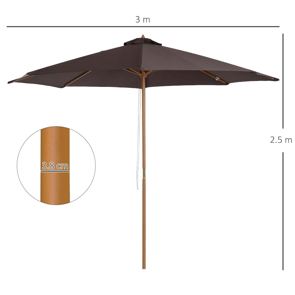 image 1 of Outsunny 3(m) Wooden Garden Parasol Sun Shade Outdoor Umbrella Coffee