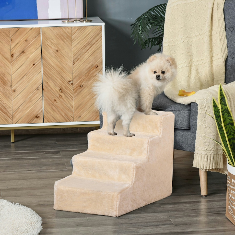 image 1 of PawHut Four-Step Portable Dog Stairs with Washable Plush Cover, Beige