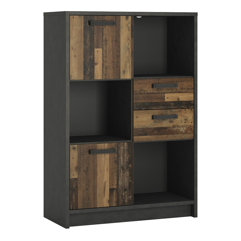 image 1 of Brooklyn Low Bookcase with 2 Doors and 2 Drawers in Walnut and Dark Matera Grey