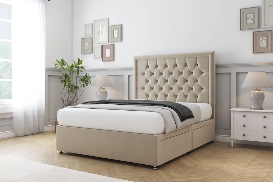 image 1 of Sloomy Montana Almond Coniston Divan Bed Base 2 Drawers Foot-End With 54 Inch Floor Standing Headboard | Cream | Almond | Double | 1