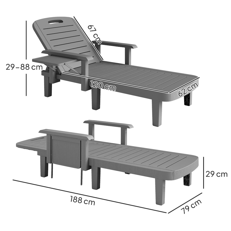 image 1 of Outsunny Set of 2 Resin Reclining Sun Loungers for Garden, Dark Grey