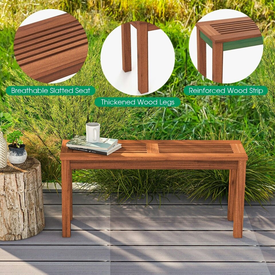 image 1 of COSTWAY Patio Wood Bench 2-Person Solid Wood Dining Bench Brown
