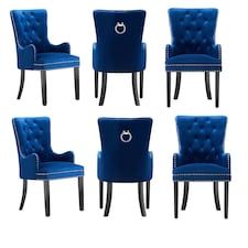 Set of 6 Velvet Dining Chairs with Armrest, Ergonomic Scoop Knockerback & Button Tufted Wood Legs Blue