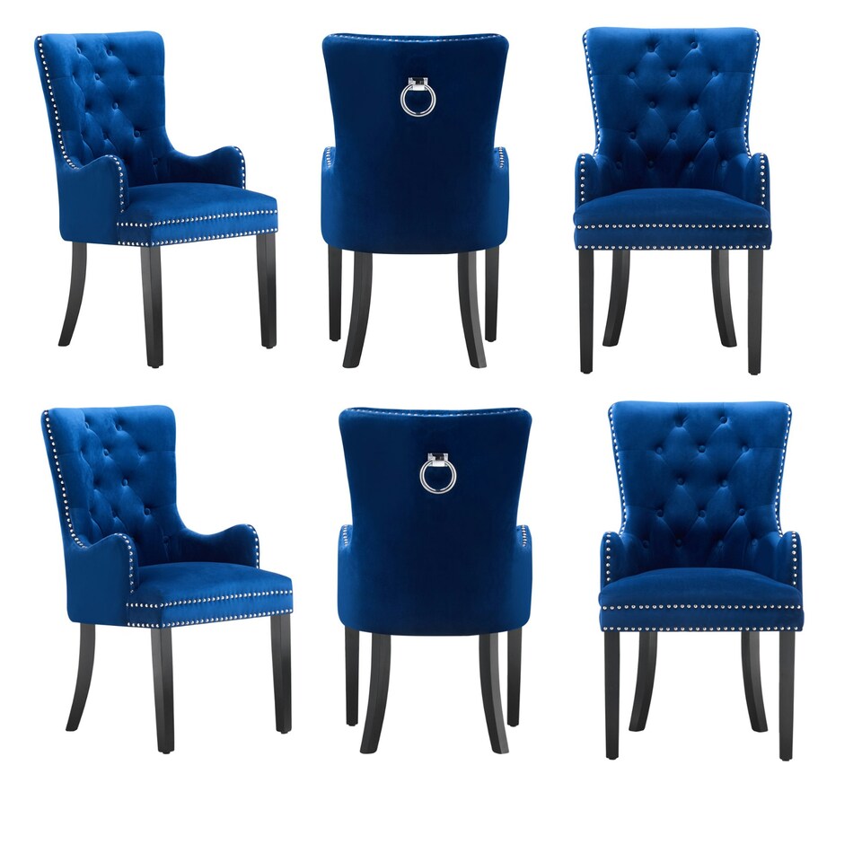 image 1 of Set of 6 Velvet Dining Chairs with Armrest, Ergonomic Scoop Knockerback & Button Tufted Wood Legs Blue