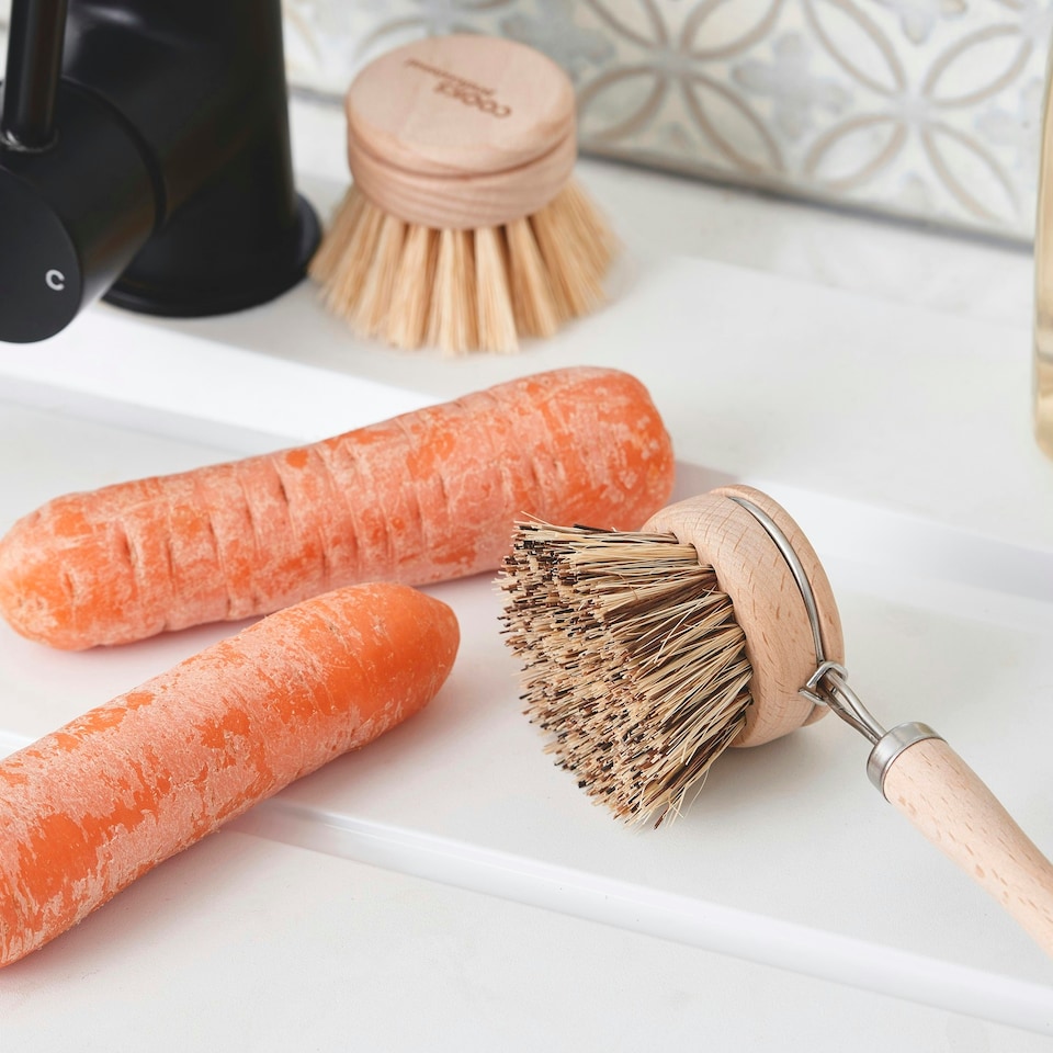 image 1 of Cooks Professional Eco-Friendly Bamboo Dish Brush | Long Handle with 3 Replacement Heads | Natural Fibre Bristles | Plastic-Free
