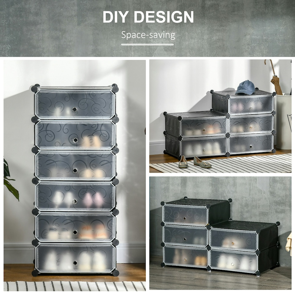 image 1 of HOMCOM 6 Tier Shoe Rack Plastic Storage Cabinet Modular Shoe Tower Black Black