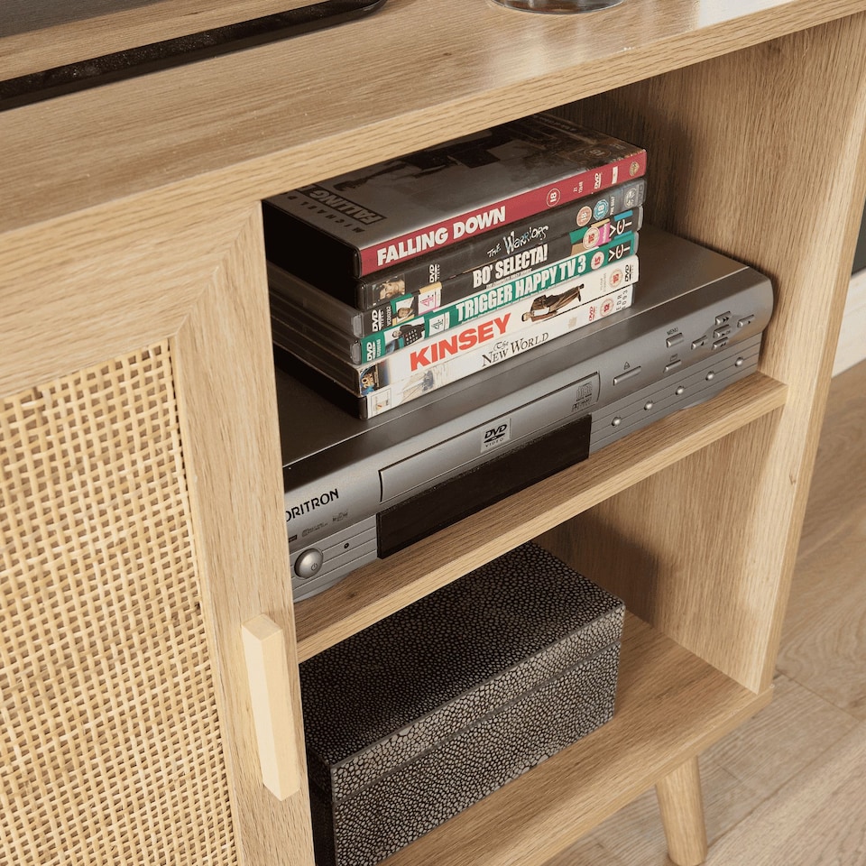 image 1 of Sideboard 1 Rattan Door Front Open Shelving Cabinet Living Home Furniture Unit