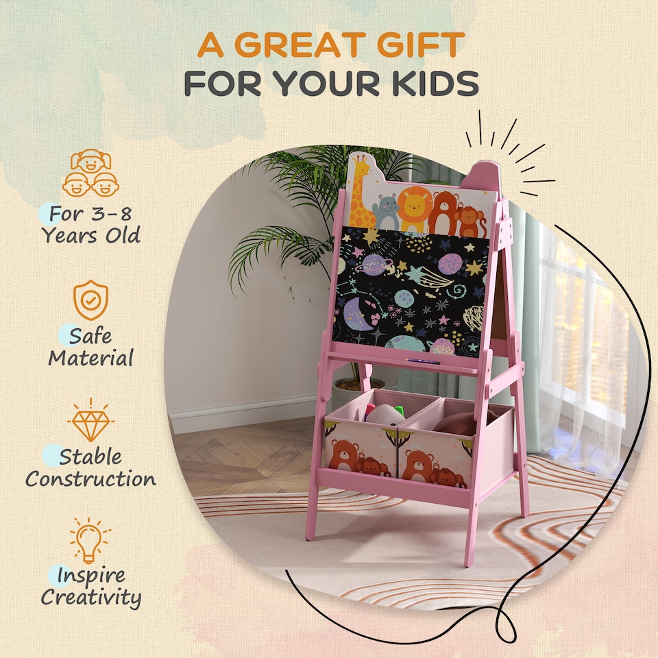 image 1 of AIYAPLAY 2 in 1 Kids Easel with Whiteboard, Chalkboard, Storage Boxes, Pink