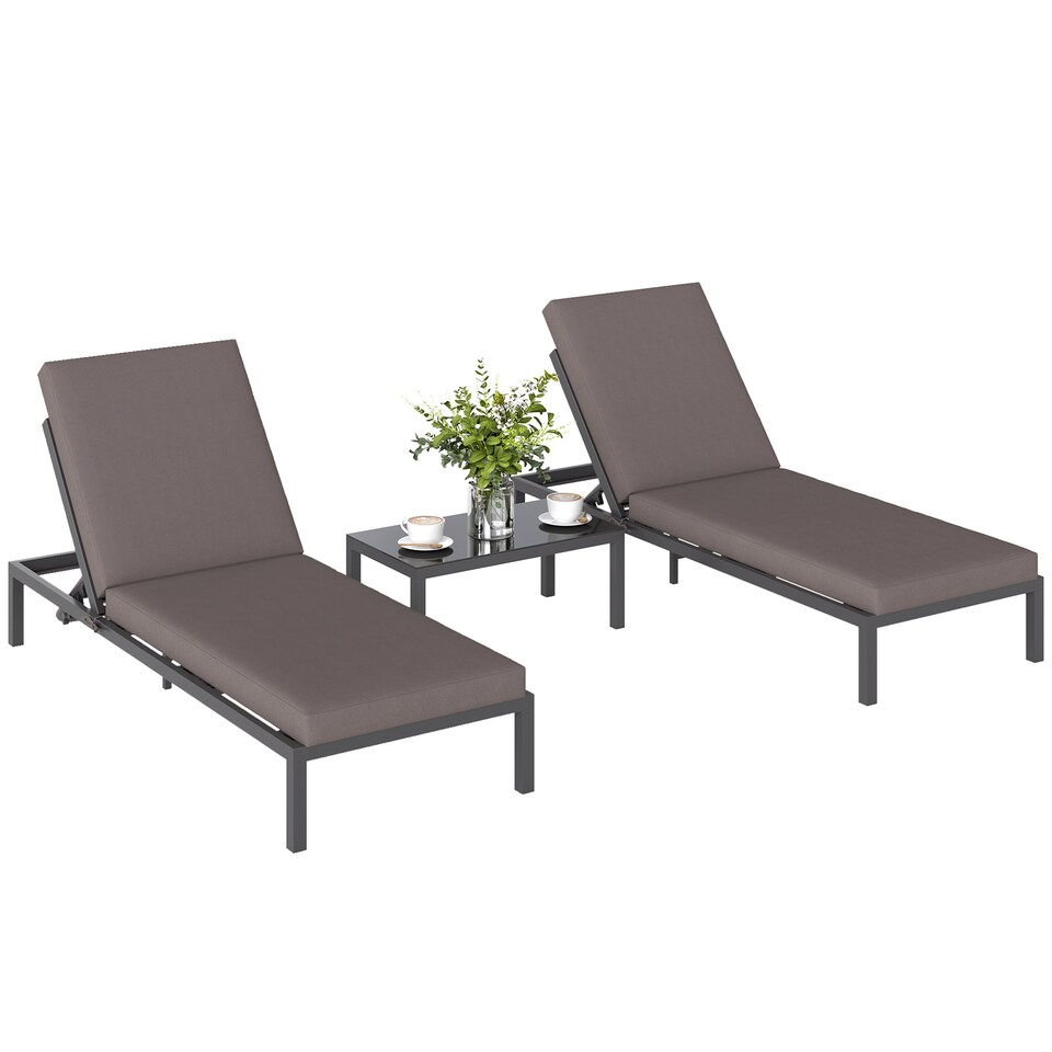 image 1 of Outsunny 3 Pieces Garden Sun Loungers Set with Cushion, 5-level Adjustable Outdoor Recliner Bed Set with Glass Top Table, 2-In-1 Design Aluminium Frame Recliner Lounge or Use As Sofa Bed, Grey