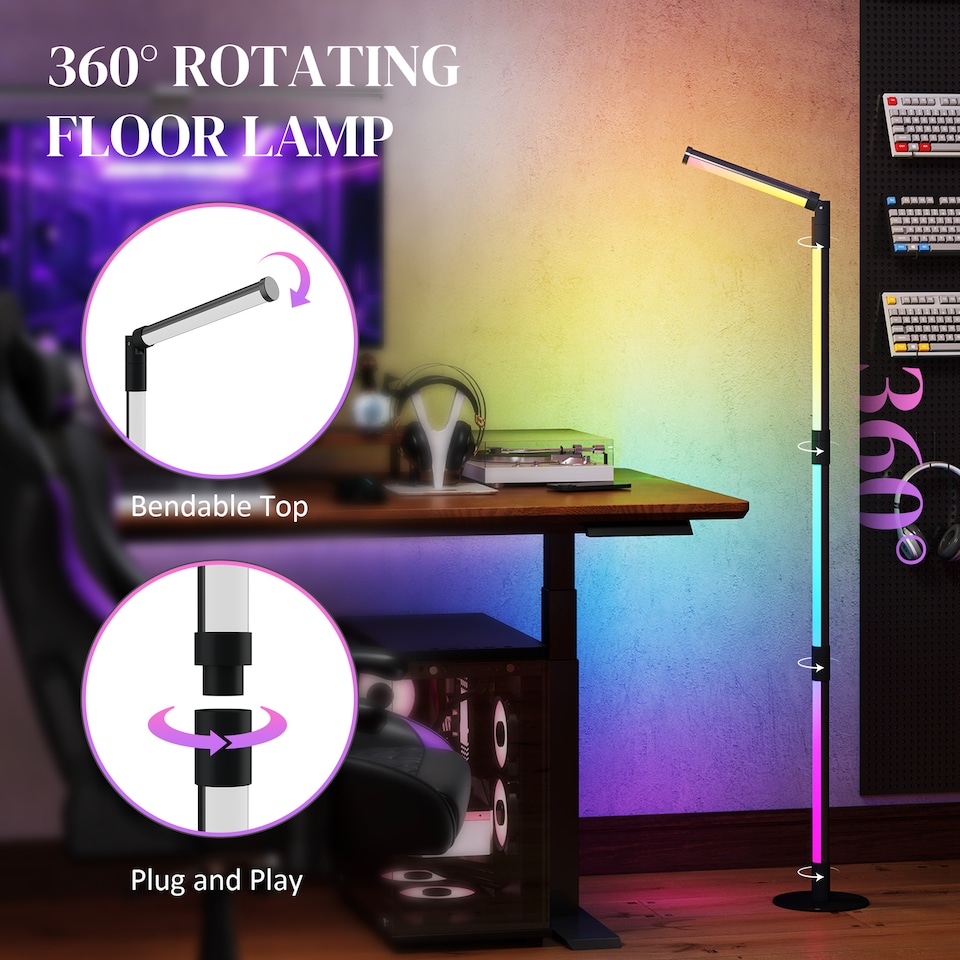 image 1 of HOMCOM LED Floor Lamp, 360degree RGB Detachable Corner Floor Lamp with App & Remote Control, Colour Changing Standing Lamp with Music Sync & Timing, for Living Room, Game Room, Dark Grey | Grey | Dark Grey