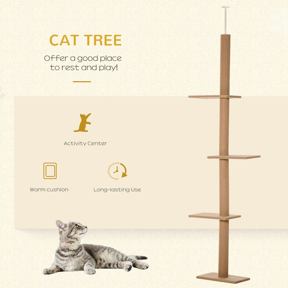 image 1 of PawHut 260cm Cat Tree Floor To Ceiling Adjustable Height, Light Brown