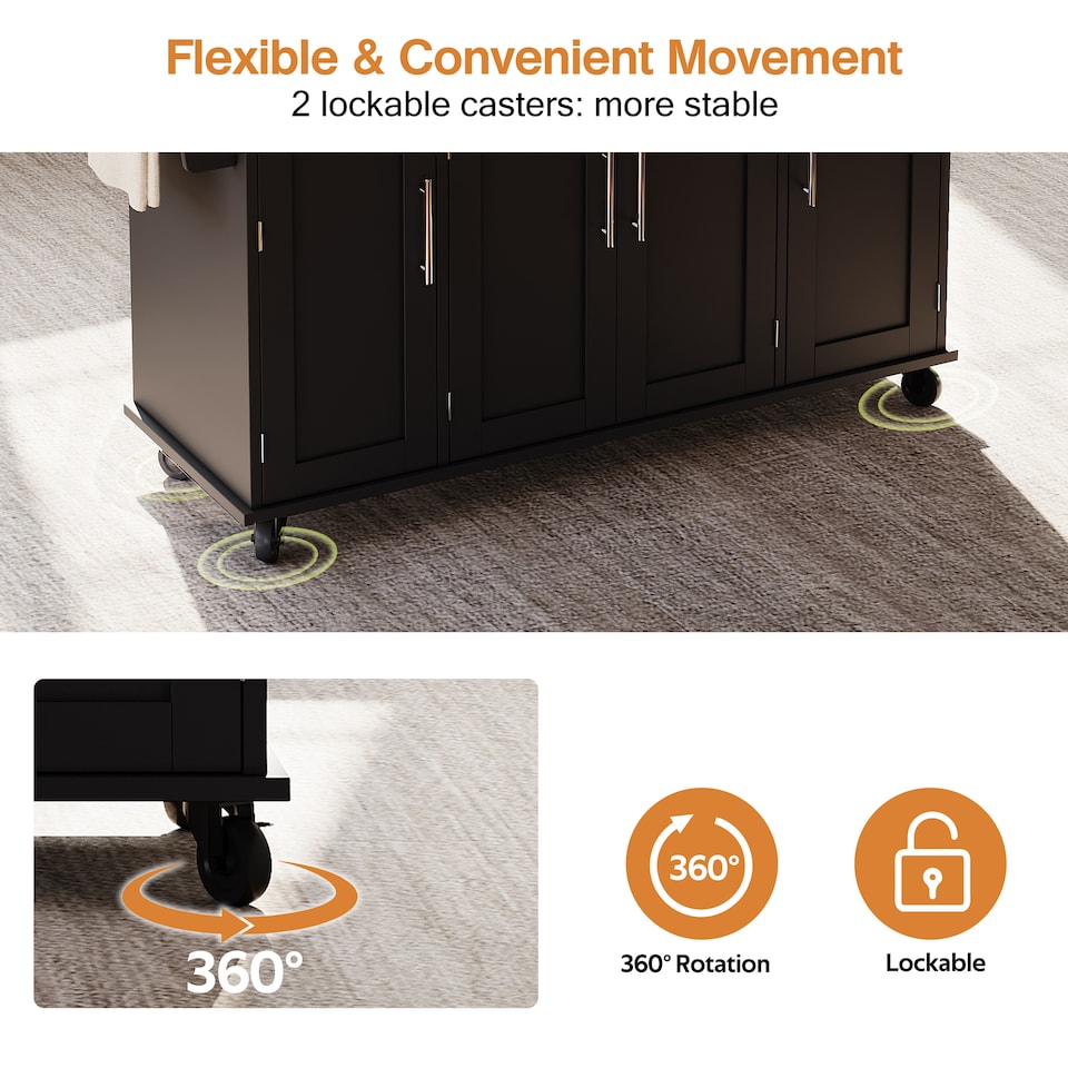 image 1 of VILUXE Mobile Kitchen Island with Foldable Worktop, Hidden Cutlery Drawer, Large Drawer, Adjustable Shelves, Door Racks, Towel Rack, Spice Rack and 5 Wheels, Black and Natural Wood