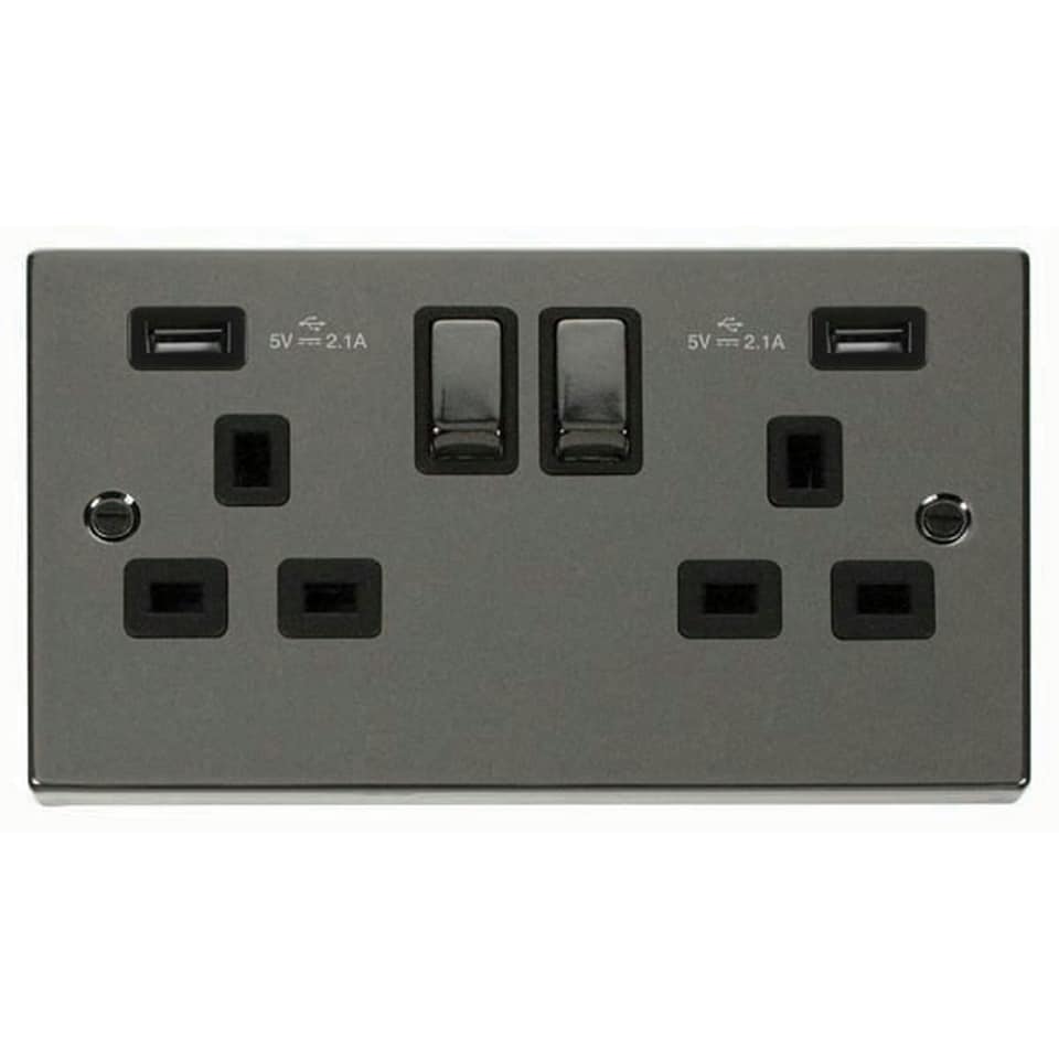 image 1 of SE HOME Black Nickel 2 Gang 13A DP Ingot 2 USB Twin Double Switched Plug Socket Black | Nickel