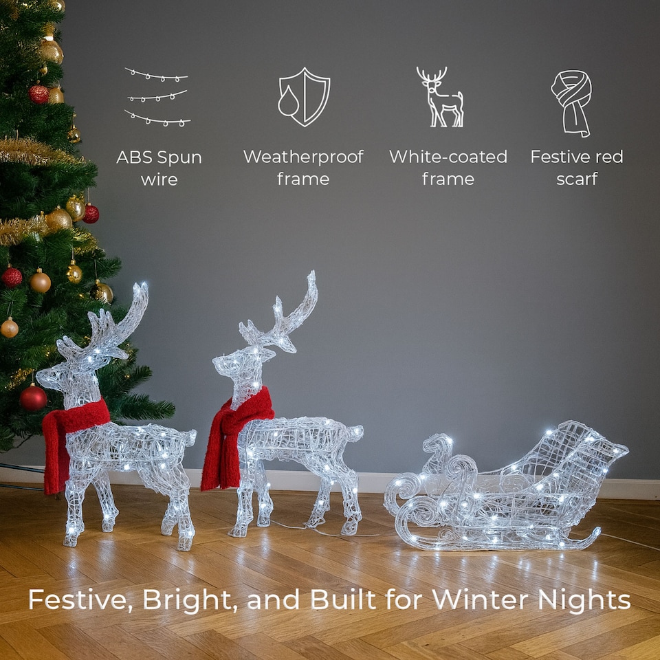 image 1 of Neo 120 Indoor Outdoor LED Light Up Reindeer and Sleigh Christmas Decoration Festive Display with Dual Light Effects Timer Red Scarves Weatherproof Frame 5m Lead Wire