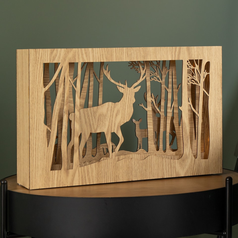 image 1 of 37cm Battery Operated Light up Wooden Christmas Reindeer Scene with Warm White LEDs