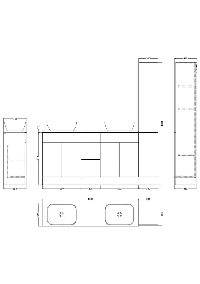 image 1 of Balterley Wichnor Floor Standing 4 Door 3 Drawer Vanity Combination Unit with Tall Unit, Laminate Worktop and Countertop Vessel, 1800mm, Autumn Oak