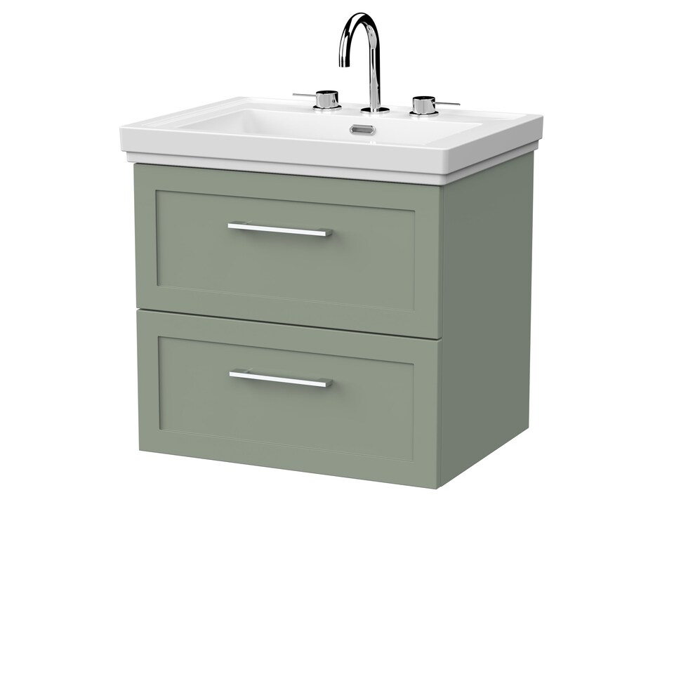 image 1 of Balterley Stonnall Traditional Wall Hung 2 Drawers Vanity Unit with Traditional 3 Tap Hole Fireclay Basin, 600mm, Reed Green