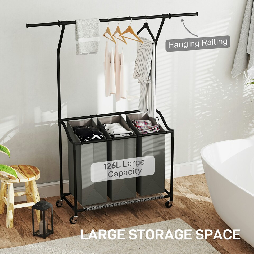 image 1 of HOMCOM 126L Laundry Sorter, Laundry Basket with 3-Bag Organiser, Dark Grey 