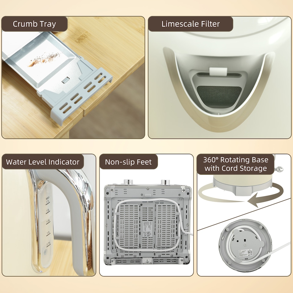 image 1 of HOMCOM Retro Kettle and Toaster Set with Temperature Gauge, 1.7L 3000W Rapid Boil Jug Kettle with Otter Thermostat, Limescale Filter, 4 Slice Toaster with 7 Browning Controls, Crumb Tray, Cream | Cream