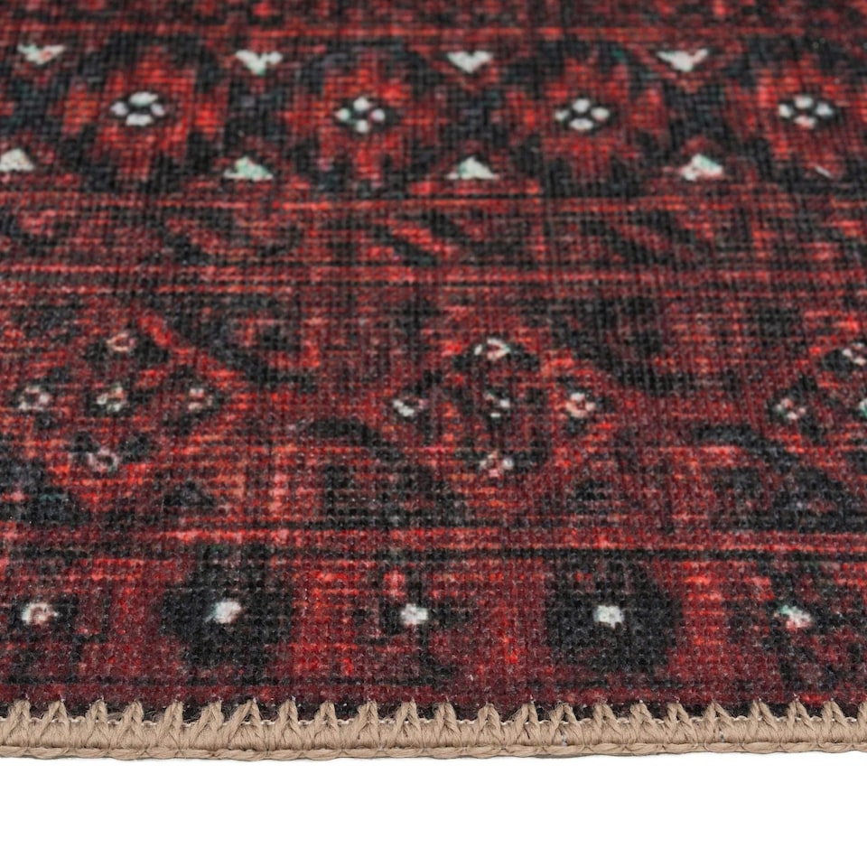 image 1 of KUKOON Distressed Red Traditional Persian Non Slip Washable Low Pile Rug 60cm x 110cm Red