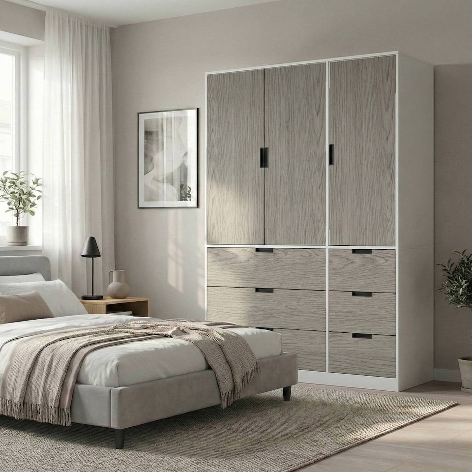 image 1 of RIGA 3 Door 6 Drawer Wardrobe | White | White & Cedar Grey | 10 x 44.5 x 79 | 1