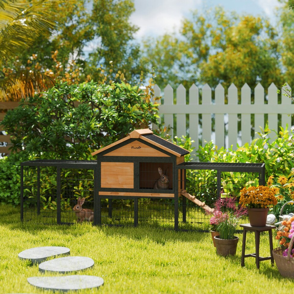 image 1 of PawHut Rabbit Hutch, Guinea Pig Hutch Outdoor with Steel Run, Tray, Ramp