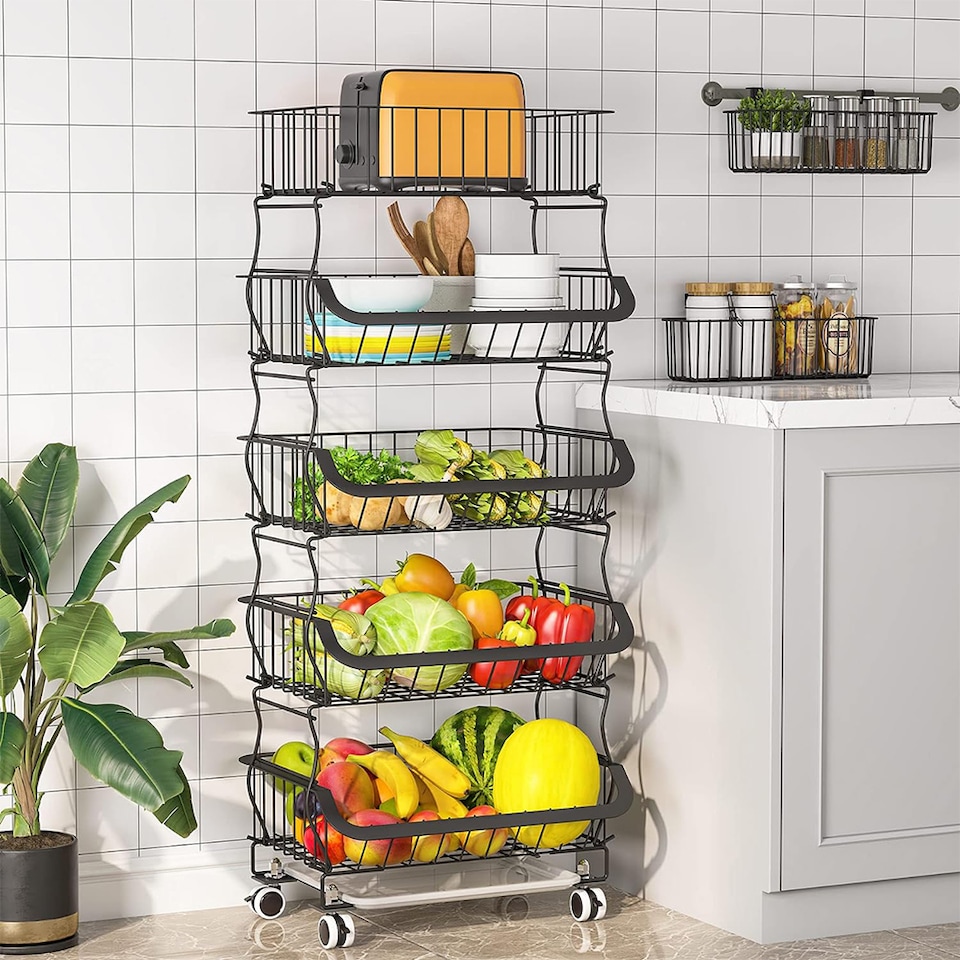 image 1 of Living and Home 5-tiered Kitchen Storage Rack with Casters | Black | 5 Tier