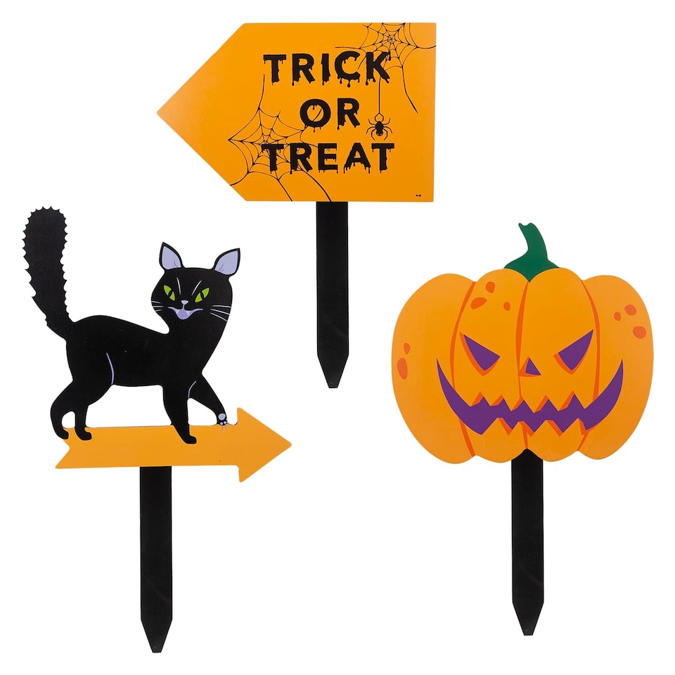 image 1 of vfm-estore Halloween Outdoor Stake Signs 3-Pack - Cat, Pumpkin, Trick or Treat