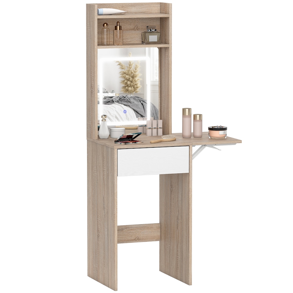 image 1 of HOMCOM Compact Dressing Table with Lighted Mirror Open Shelves Drawer | Brown