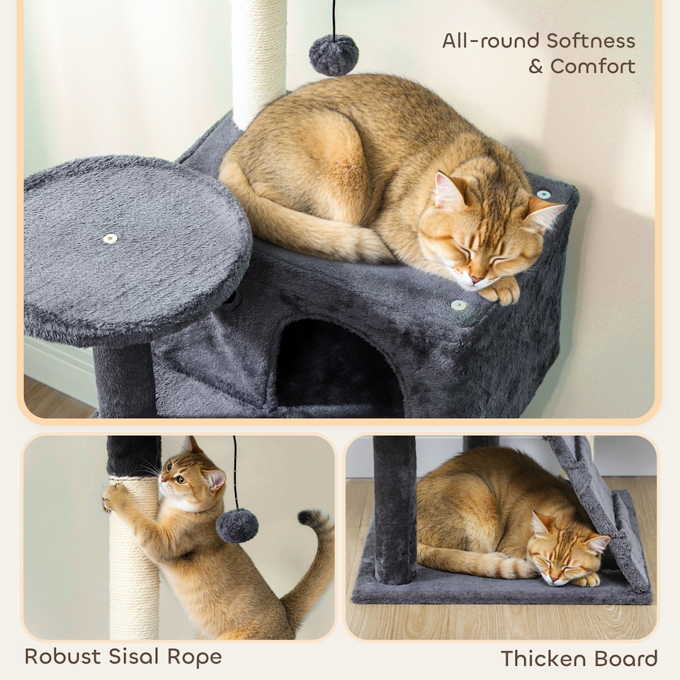 image 1 of 140cm PawHut Cat Tree with Sisal Scratching Posts, Cat Houses, Dark Grey