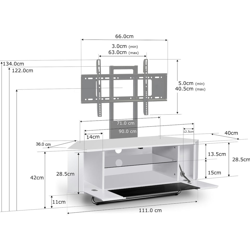 image 1 of Centurion Supports Hampshire Corner-Friendly Gloss White with Contrast Beam-Thru Remote Friendly Door 26"-50" Flat Screen TV Cabinet with Mounting Arm White
