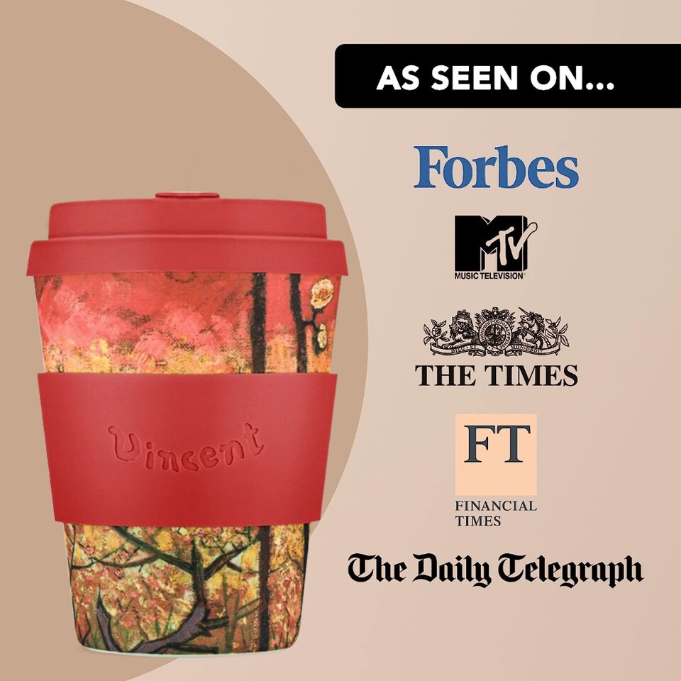 image 1 of Ecoffee Cup 12oz 350ml Van Gogh Design Reusable Eco-Friendly, Plant Based Coffee Cup with Silicone Lid & Sleeve, Flowering Plum Orchard | Multi | Flowering Plum Orchard