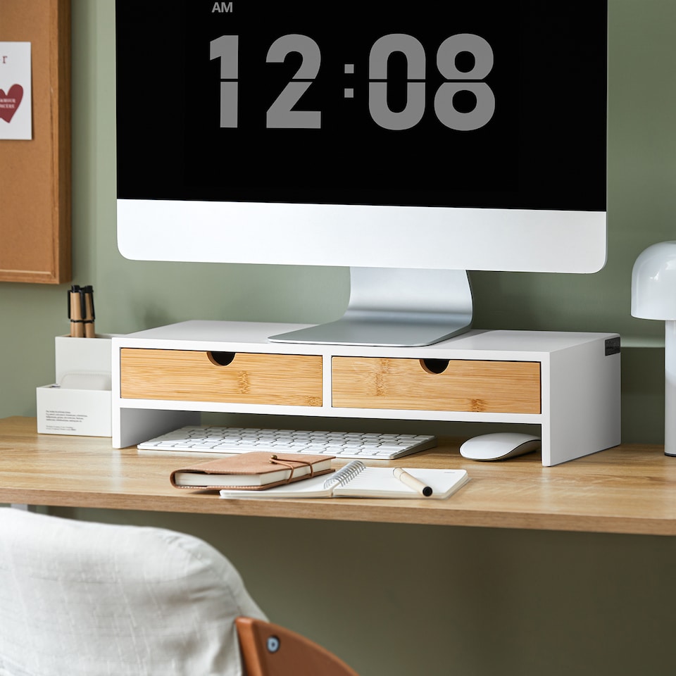 image 1 of SoBuy Wooden Monitor Stand with 2 Drawers, White/Natural, 18.5x7.0x4.3 inches, 2.8 kg - BBF02-WN